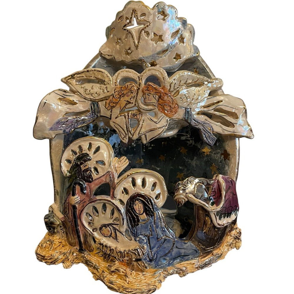 Heather Goldminc Royal Goldmine Ceramic Nativity Tea Light Candle Holder Holiday